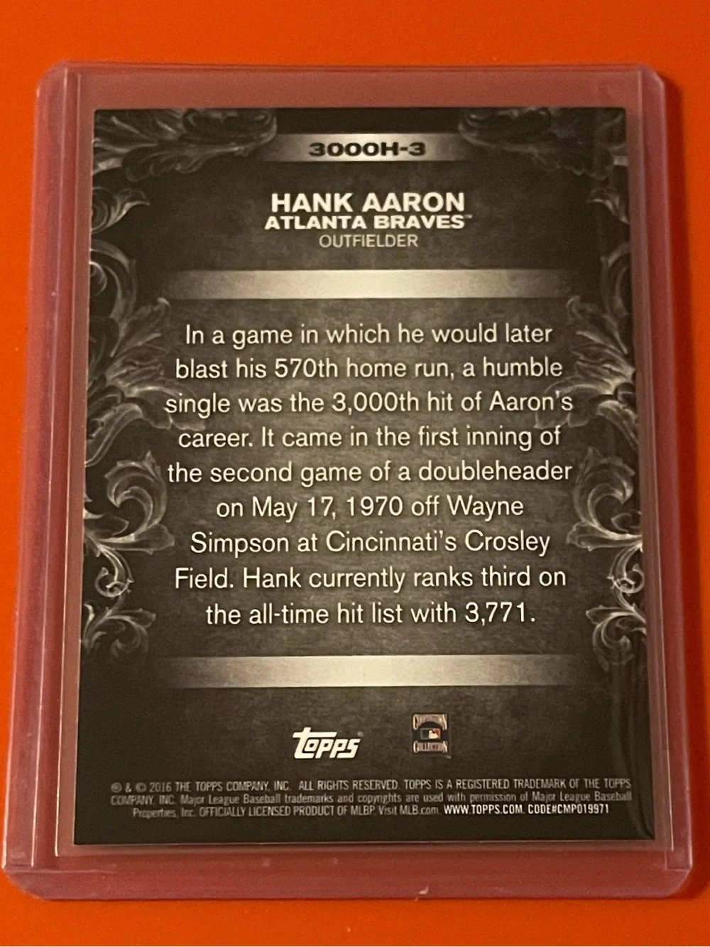 Hank Aaron #3000H-3 2016 Topps Update [3000 Hits Club] Baseball Trading Card